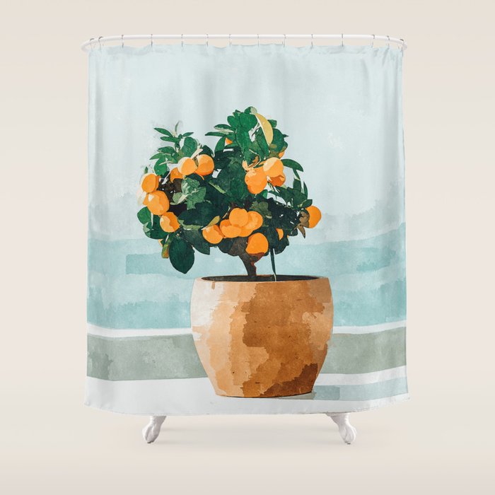 Orange Tree, Plant Pot Nature Botanical Bonsi Illustration, Modern Simple Bohemian Painting Shower Curtain