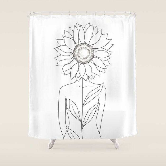 Minimalistic Line Art Of Woman With Sunflower Shower Curtain