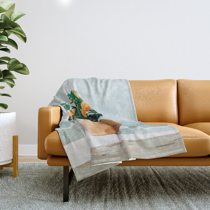 Orange Tree, Plant Pot Nature Botanical Bonsi Illustration, Modern Simple Bohemian Painting Throw Blanket
