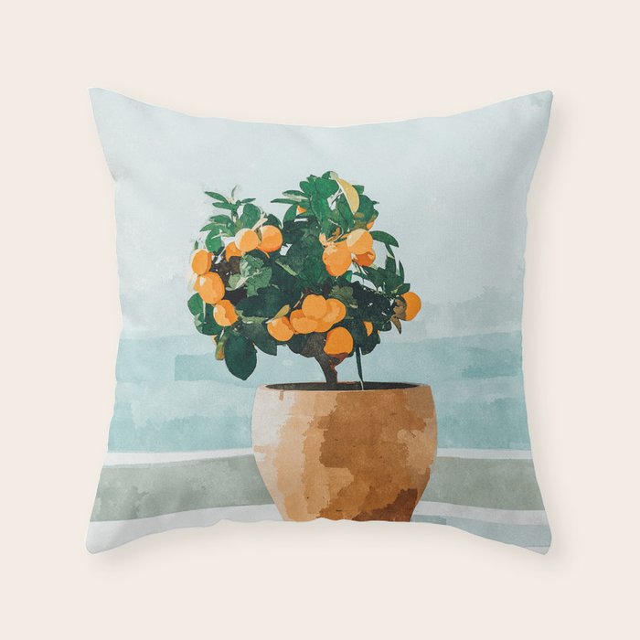 Orange Tree, Plant Pot Nature Botanical Bonsi Illustration, Modern Simple Bohemian Painting Throw Pillow