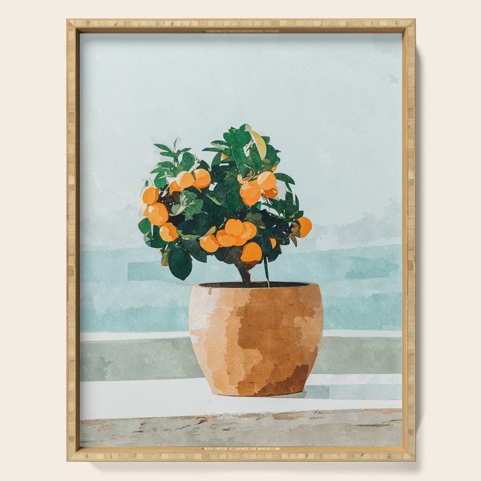 Orange Tree, Plant Pot Nature Botanical Bonsi Illustration, Modern Simple Bohemian Painting Serving Tray