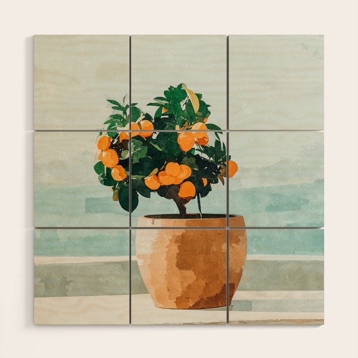 Orange Tree, Plant Pot Nature Botanical Bonsi Illustration, Modern Simple Bohemian Painting Wood Wall Art