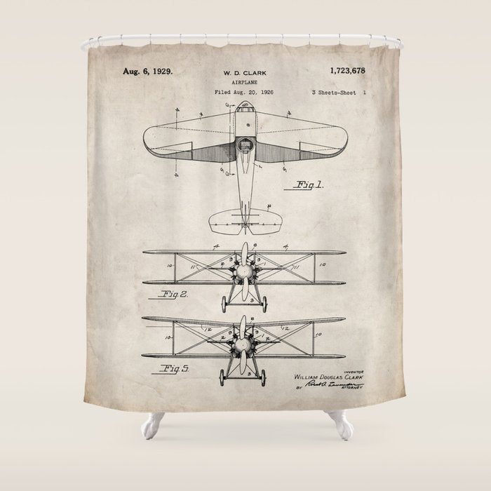 Biplane Patent - Aviation Art - Antique Shower Curtain