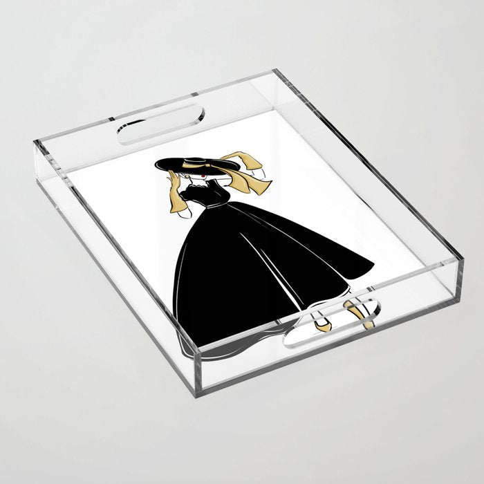1950'S Inspired Fashion Illustration Black & White With Gold Acrylic Tray