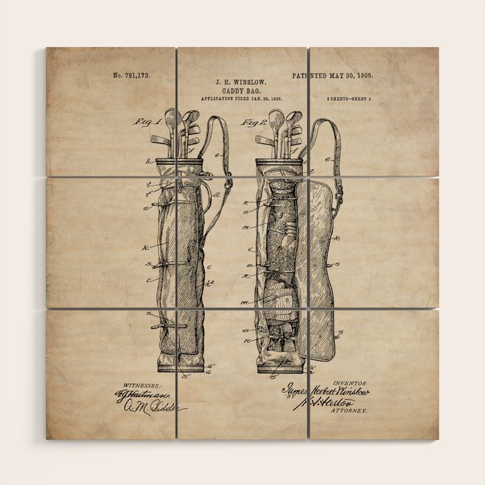 Golf Bag Patent - Caddy Art - Antique Wood Wall Art