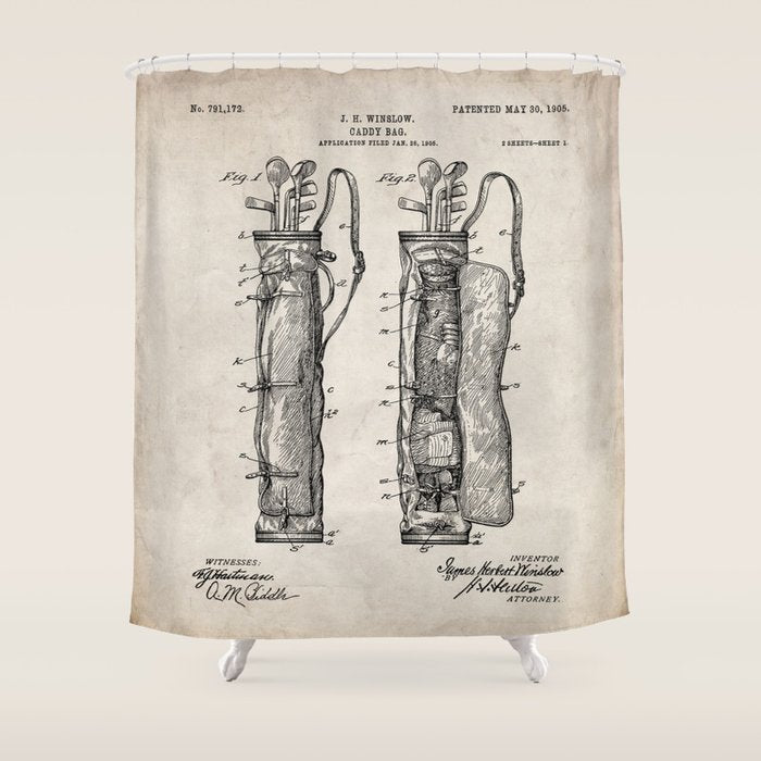 Golf Bag Patent - Caddy Art - Antique Shower Curtain
