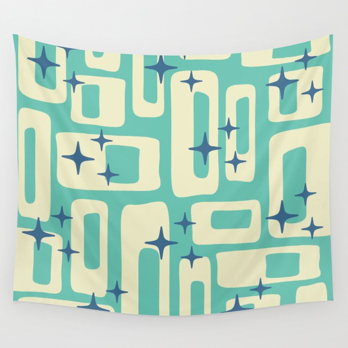 Retro Mid Century Modern Abstract Pattern 576 Turquoise Blue Wall Tapestry