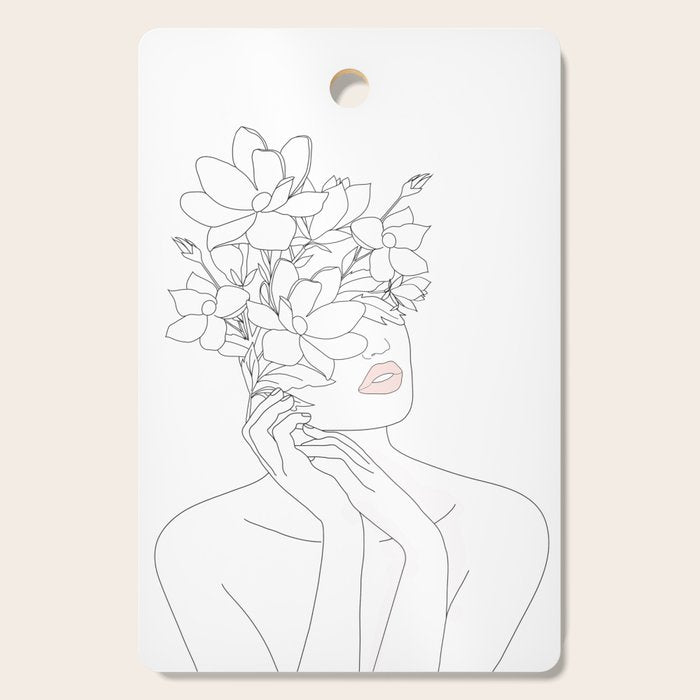 Minimal Line Art Woman With Magnolia Cutting Board