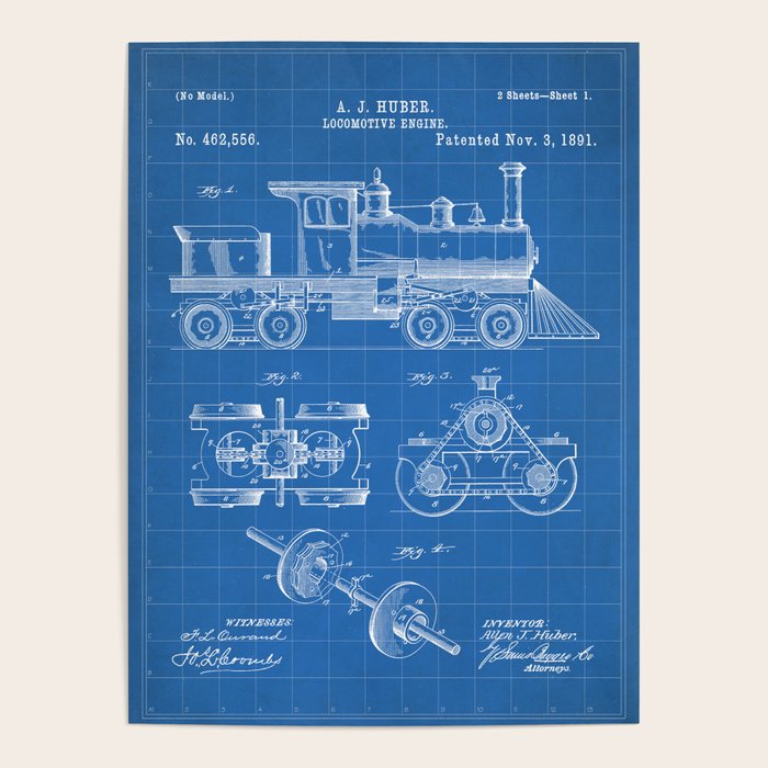 Train Locomotive Patent - Steam Train Art - Blueprint Poster