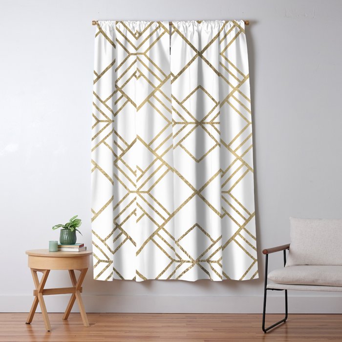 Geometrical White Faux Gold Elegant Stylish Diamonds Window Curtain