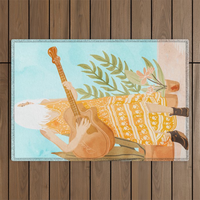 Music Soothes My Soul | Urban Hippie Bohemian Woman Playing The Guitar | Plant Lady Painting Outdoor Rug