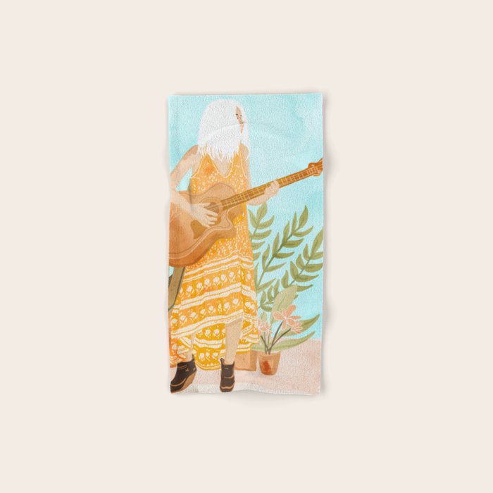 Music Soothes My Soul | Urban Hippie Bohemian Woman Playing The Guitar | Plant Lady Painting Bath Towel