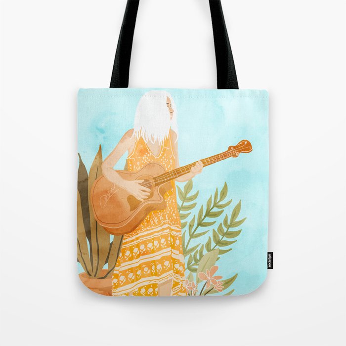 Music Soothes My Soul | Urban Hippie Bohemian Woman Playing The Guitar | Plant Lady Painting Tote Bag