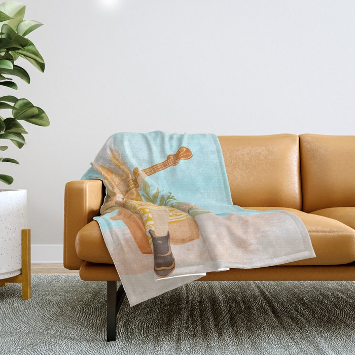 Music Soothes My Soul | Urban Hippie Bohemian Woman Playing The Guitar | Plant Lady Painting Throw Blanket