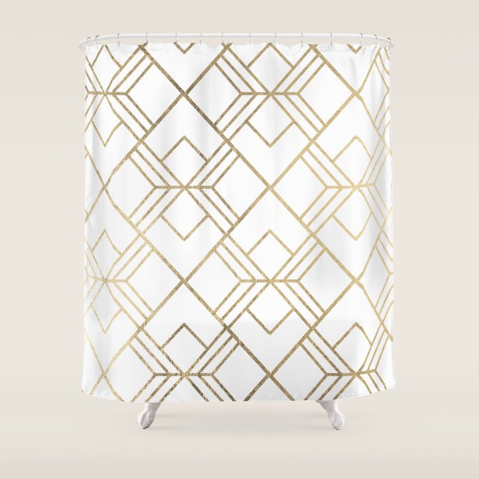 Geometrical White Faux Gold Elegant Stylish Diamonds Shower Curtain