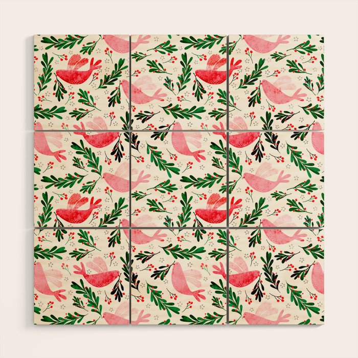 Festive Birds - Christmas Pattern No2 Wood Wall Art