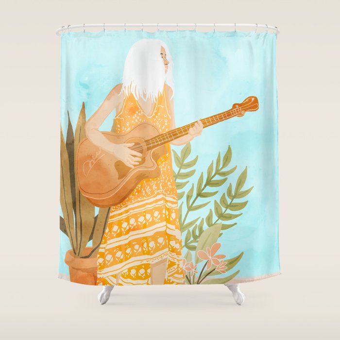 Music Soothes My Soul | Urban Hippie Bohemian Woman Playing The Guitar | Plant Lady Painting Shower Curtain