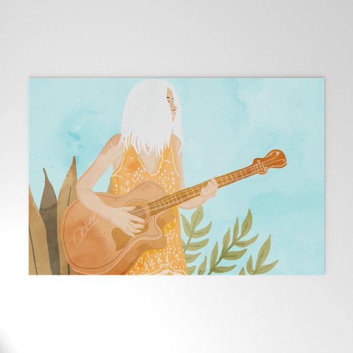 Music Soothes My Soul | Urban Hippie Bohemian Woman Playing The Guitar | Plant Lady Painting Welcome Mat
