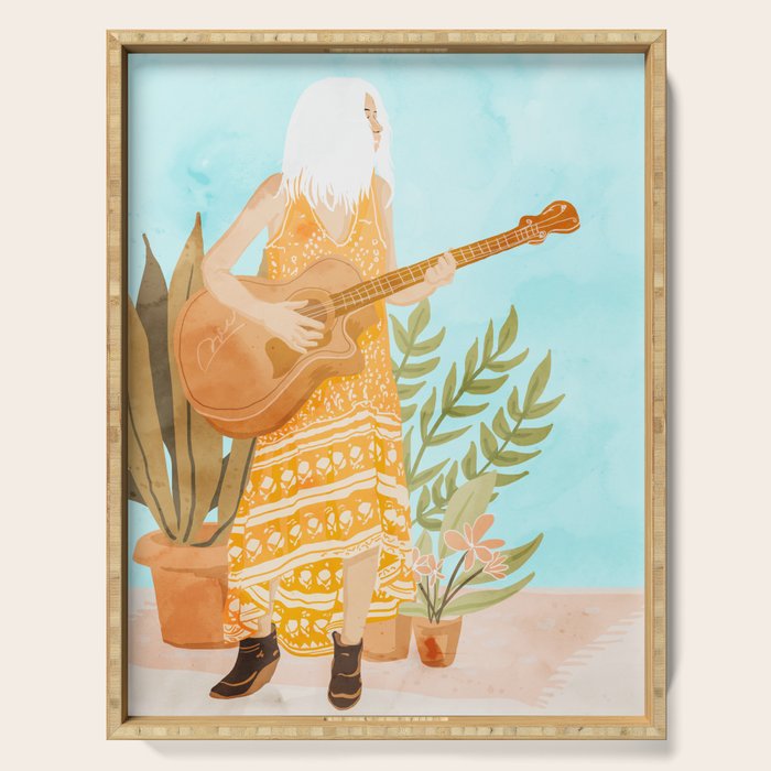 Music Soothes My Soul | Urban Hippie Bohemian Woman Playing The Guitar | Plant Lady Painting Serving Tray