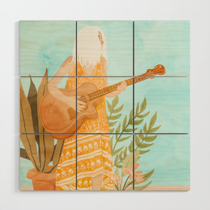 Music Soothes My Soul | Urban Hippie Bohemian Woman Playing The Guitar | Plant Lady Painting Wood Wall Art