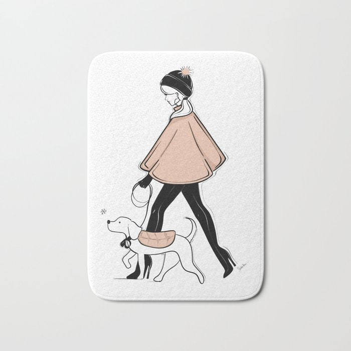 Winter Walk With My Pup Fashion Illustration Bath Mat