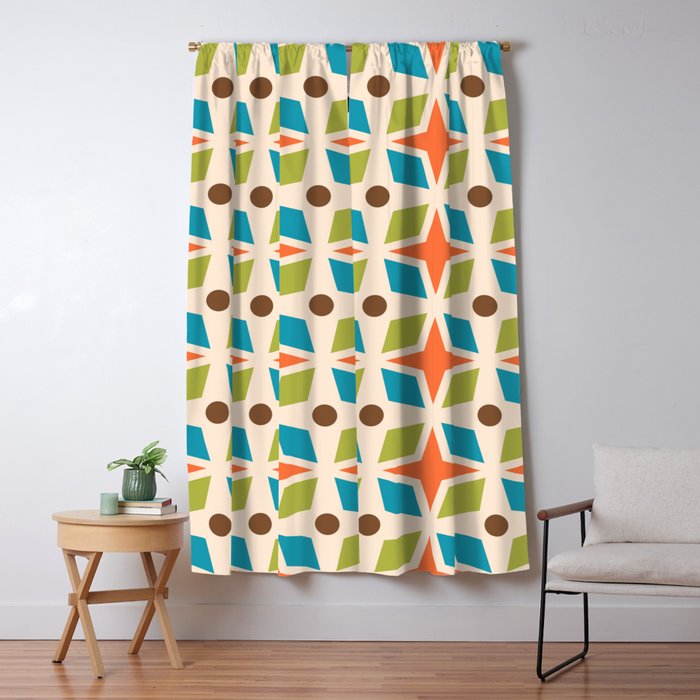 Mid Century Modern Abstract Star Dot Pattern 441 Orange Brown Turquoise Chartreuse Window Curtain