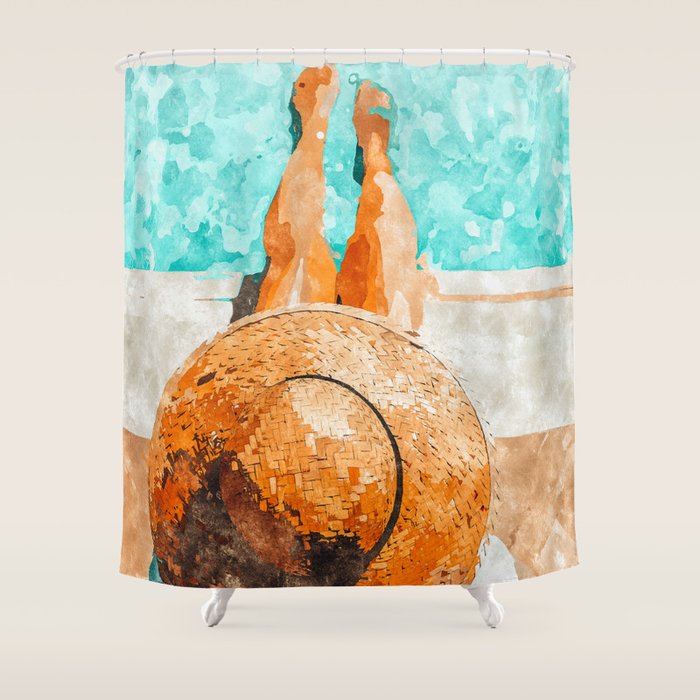 By The Pool All Day, Summer Travel Woman Swimming, Tropical Fashion Bohemian Painting Shower Curtain