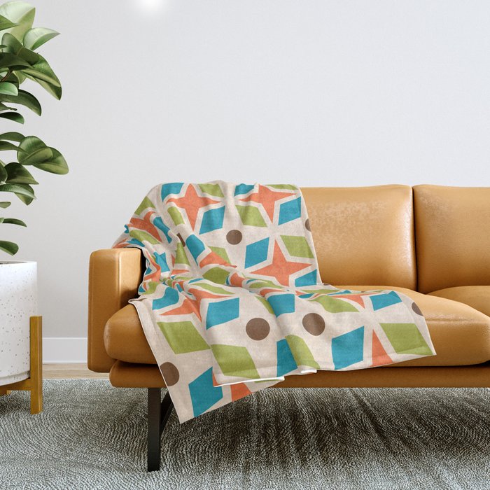 Mid Century Modern Abstract Star Dot Pattern 441 Orange Brown Turquoise Chartreuse Throw Blanket
