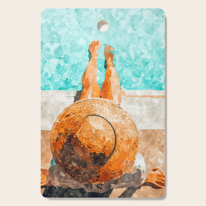 By The Pool All Day, Summer Travel Woman Swimming, Tropical Fashion Bohemian Painting Cutting Board