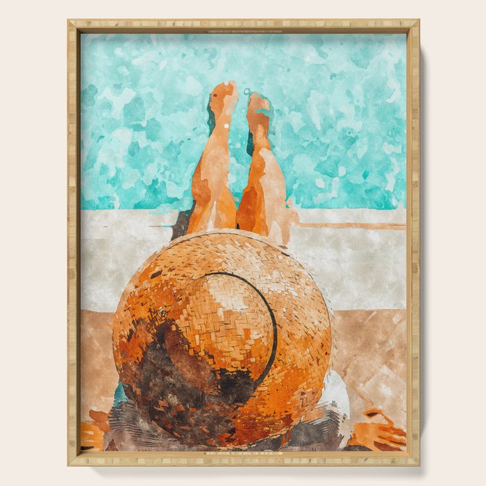 By The Pool All Day, Summer Travel Woman Swimming, Tropical Fashion Bohemian Painting Serving Tray