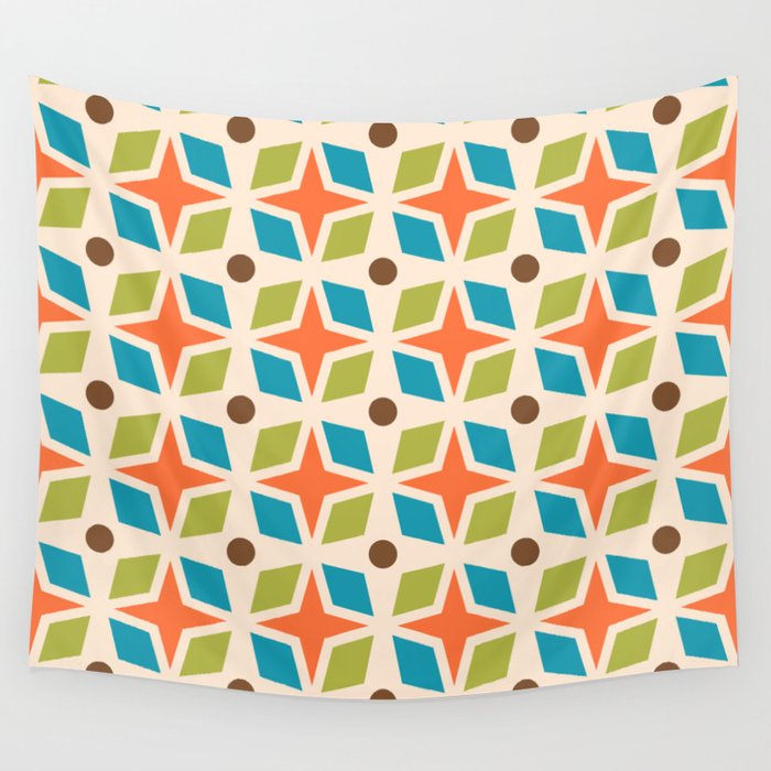 Mid Century Modern Abstract Star Dot Pattern 441 Orange Brown Turquoise Chartreuse Wall Tapestry
