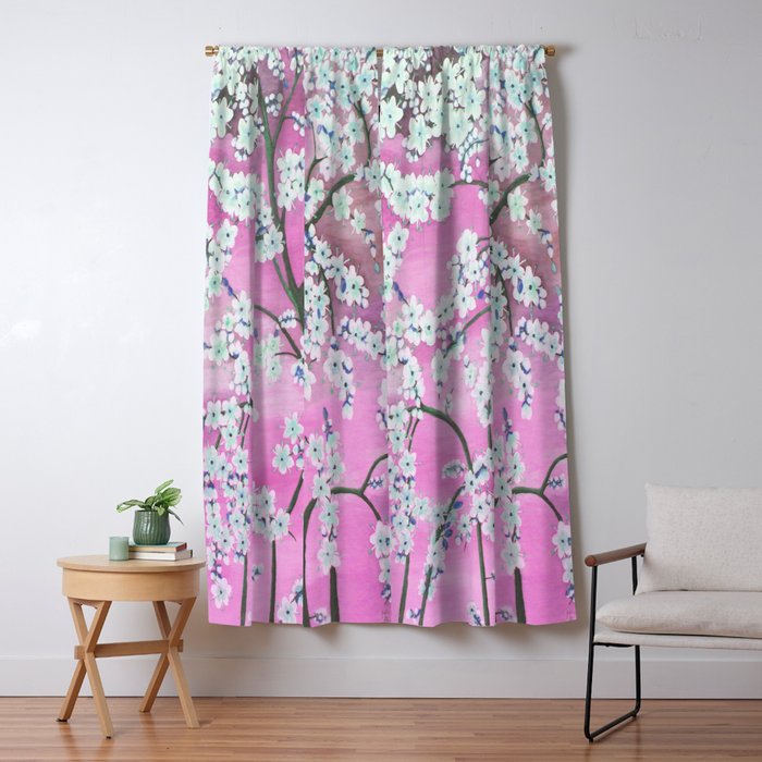 Elegant White Pink Floral Painting Pattern Window Curtain