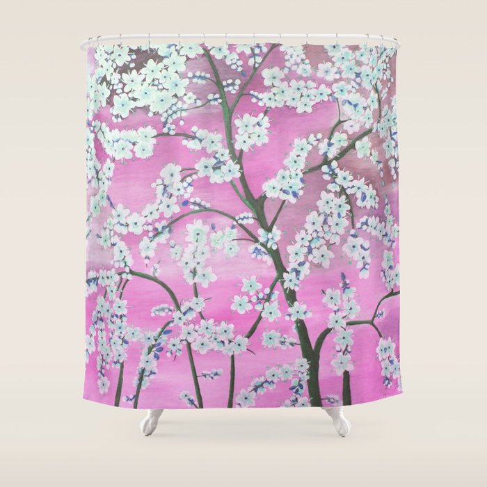 Elegant White Pink Floral Painting Pattern Shower Curtain