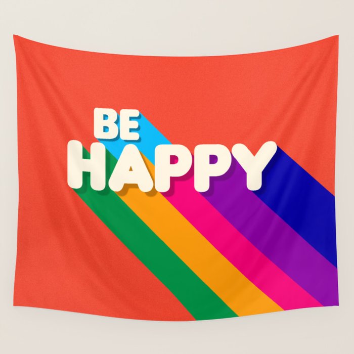 Be Happy - Rainbow Retro Typography Wall Tapestry