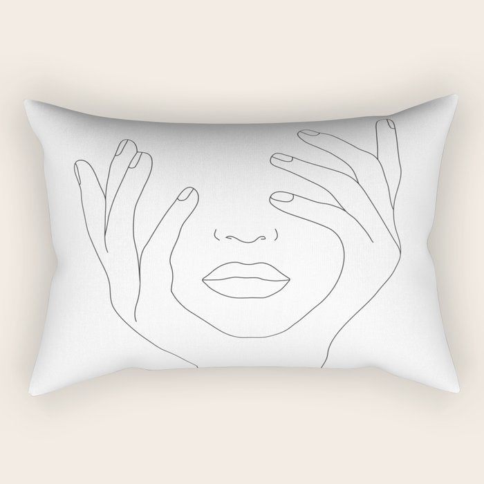 Minimal Line Art Woman With Hands On Face Rectangular Pillow