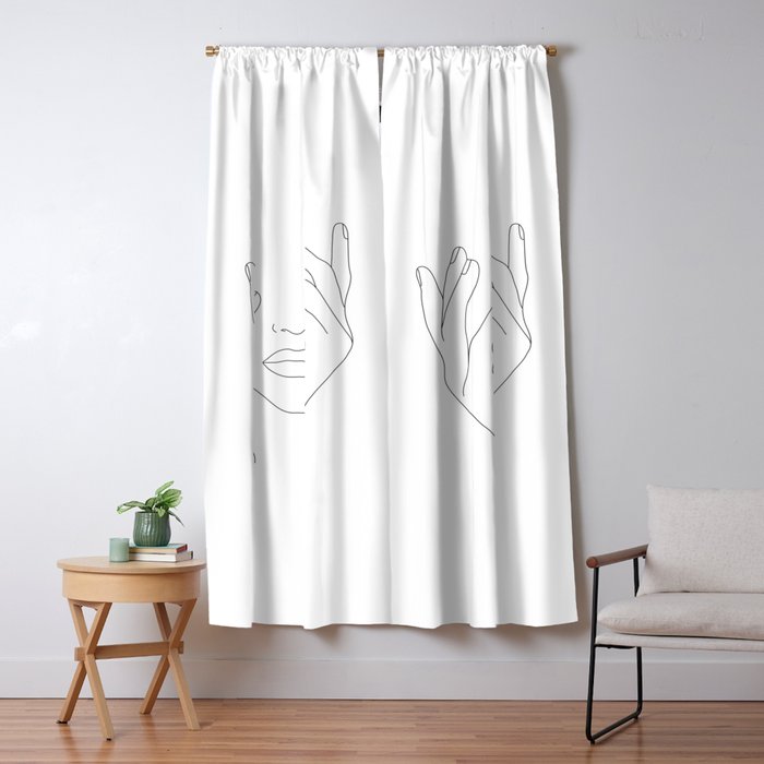 Minimal Line Art Woman With Hands On Face Window Curtain