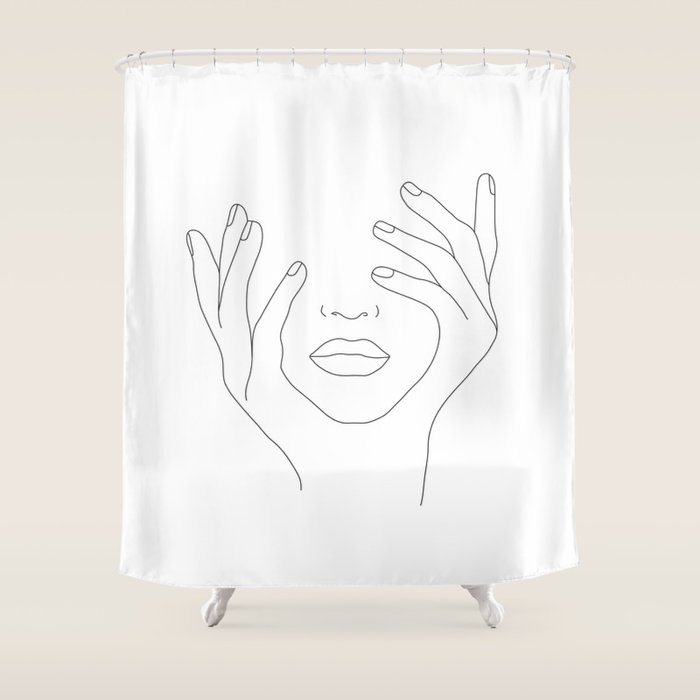 Minimal Line Art Woman With Hands On Face Shower Curtain