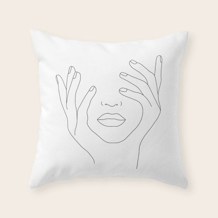 Minimal Line Art Woman With Hands On Face Throw Pillow