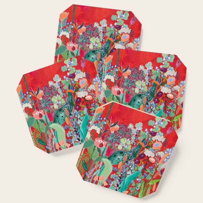 Red Floral Jungle Garden Botanical Featuring Proteas, Reeds, Eucalyptus, Ferns And Birds Of Paradise Coaster