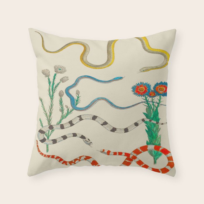 Locupletissimi Rerum Naturalium - Vol. 2 - Albertus Seba Colorful Snake Floral Arrangement Throw Pillow