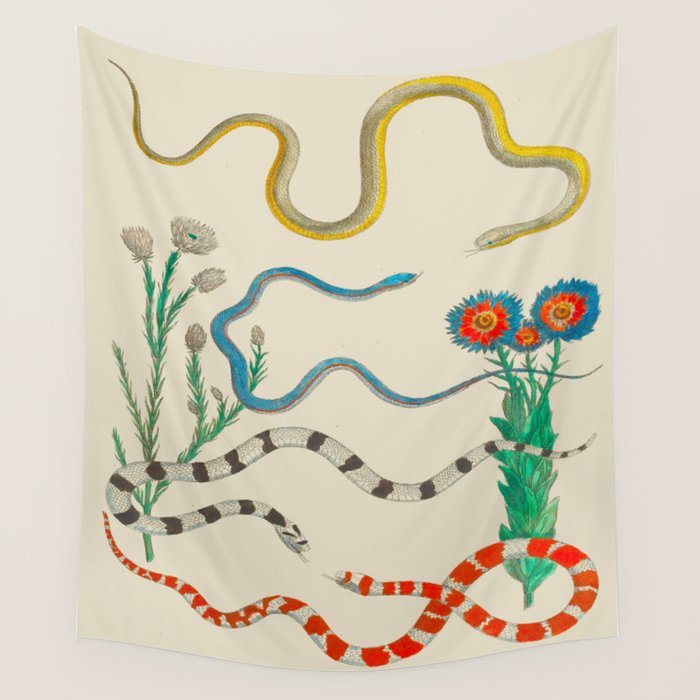 Locupletissimi Rerum Naturalium - Vol. 2 - Albertus Seba Colorful Snake Floral Arrangement Wall Tapestry