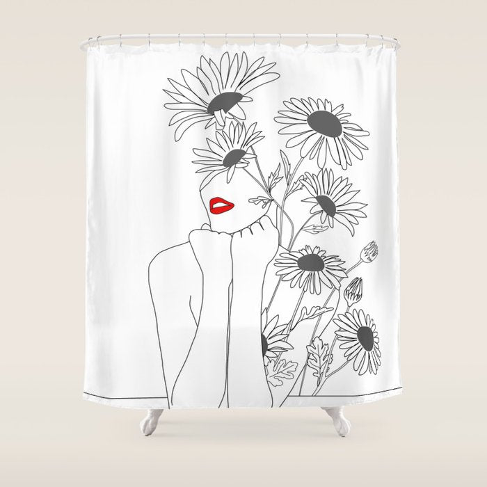 Minimal Line Art Girl With Sunflowers Shower Curtain