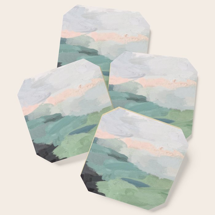 Farmland Sunset Ii - Seafoam Green Mint Black Blush Pink Abstract Nature Land Art Painting Coaster