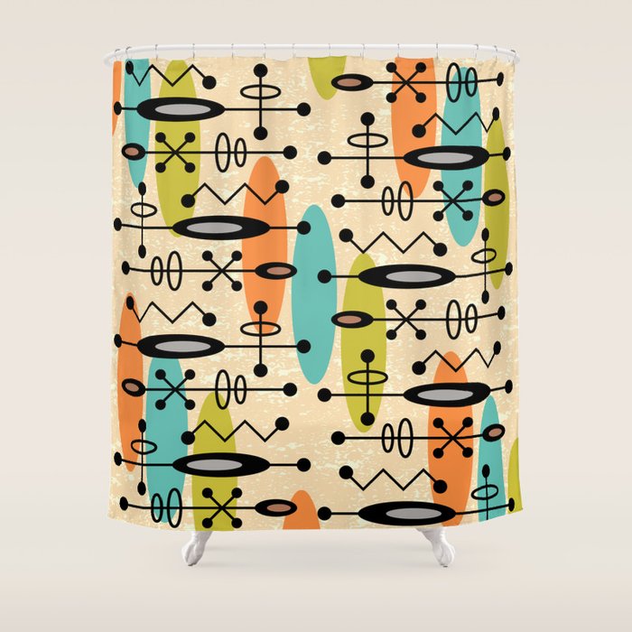 Retro 1950s Style Mid Century Modern Atomic Design 271 Googie Orange Blue And Green Shower Curtain