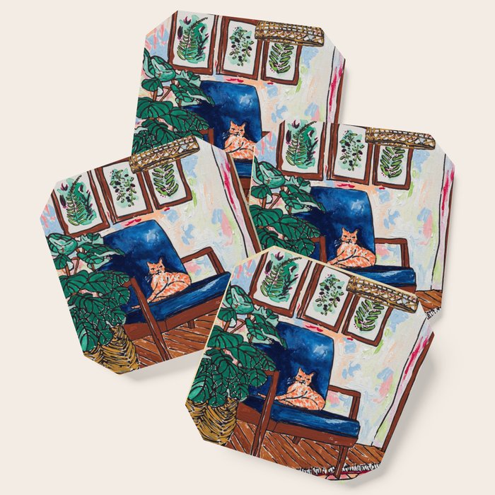 Ginger Cat On Blue Mid Century Chair Painting Coaster
