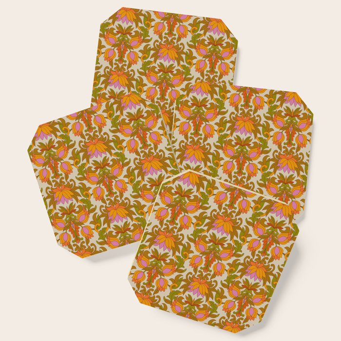 Orange, Pink Flowers And Green Leaves 1960s Retro Vintage Pattern Coaster