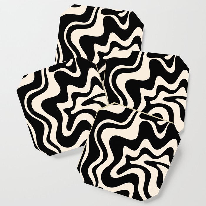 Retro Liquid Swirl Abstract In Black And Almond Cream  Coaster