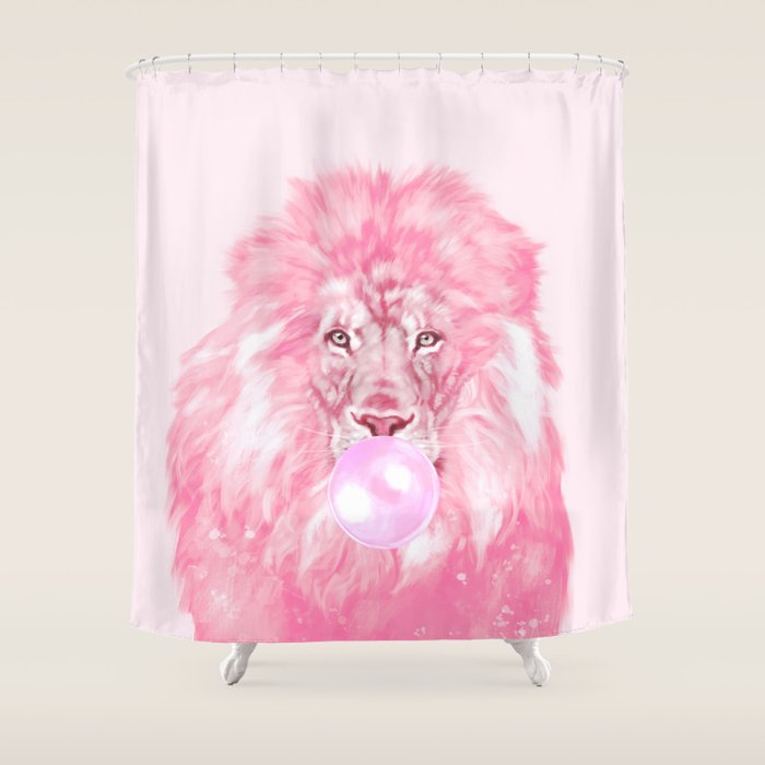 Lion Chewing Bubble Gum In Pink Shower Curtain
