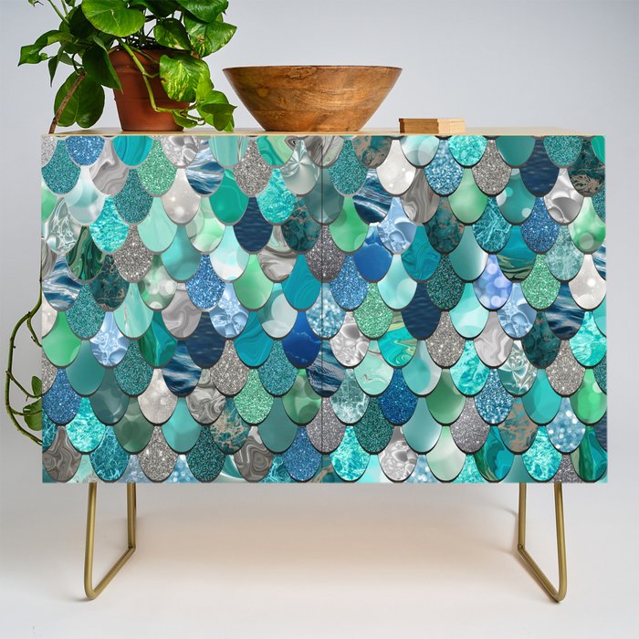 Mermaid Art, Sea,Teal, Mint, Aqua, Blue Credenza