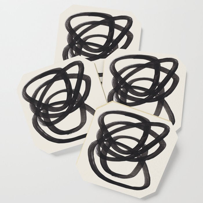 Mid Century Modern Minimalist Abstract Art Brush Strokes Black & White Ink Art Spiral Circles Coaster